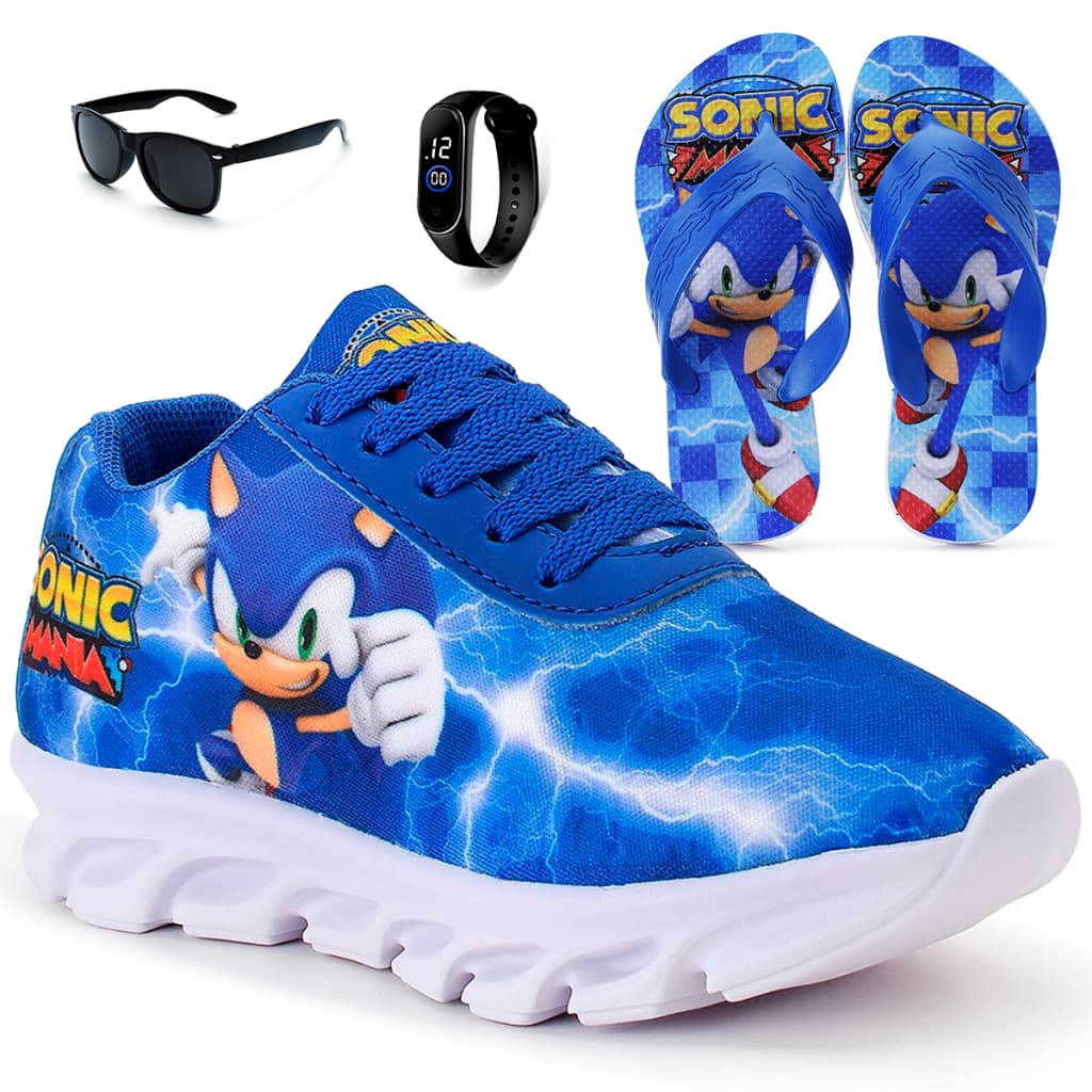 Kit Tênis Infantil Menino Sonic Casual + Chinelo Infantil + Relógio + Óculos