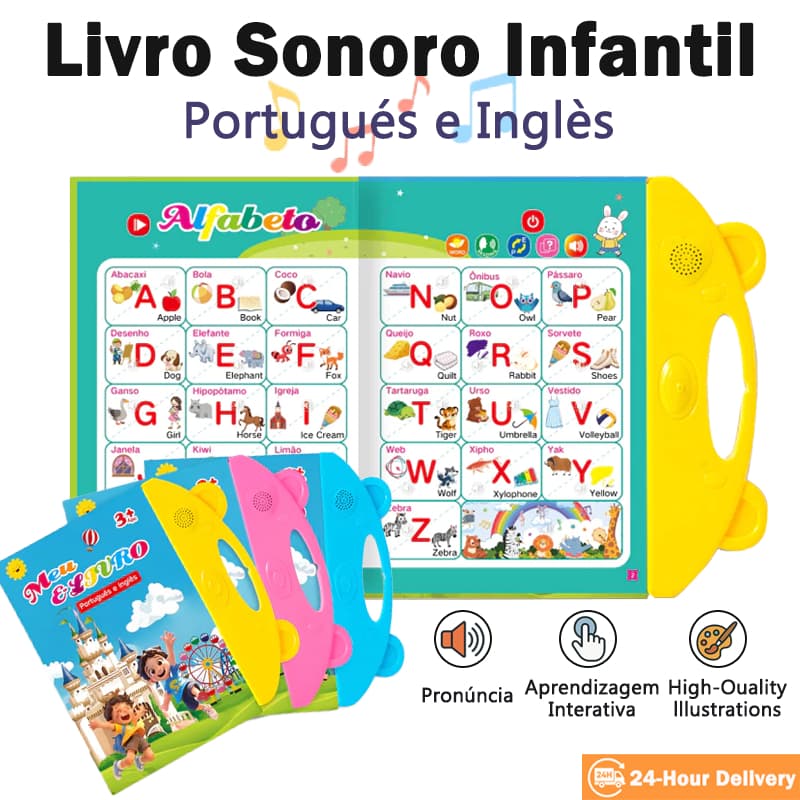 Livro Interativo com Som Toque e Ouça Educativo para Bebês e Crianças(Português e Inglês)