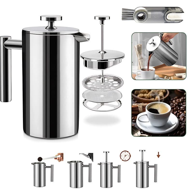 Cafeteira Prensa Francesa 800ml/1000ml Aço Inox, 3 Telas Prateada, Barista Completa c/ Acessórios