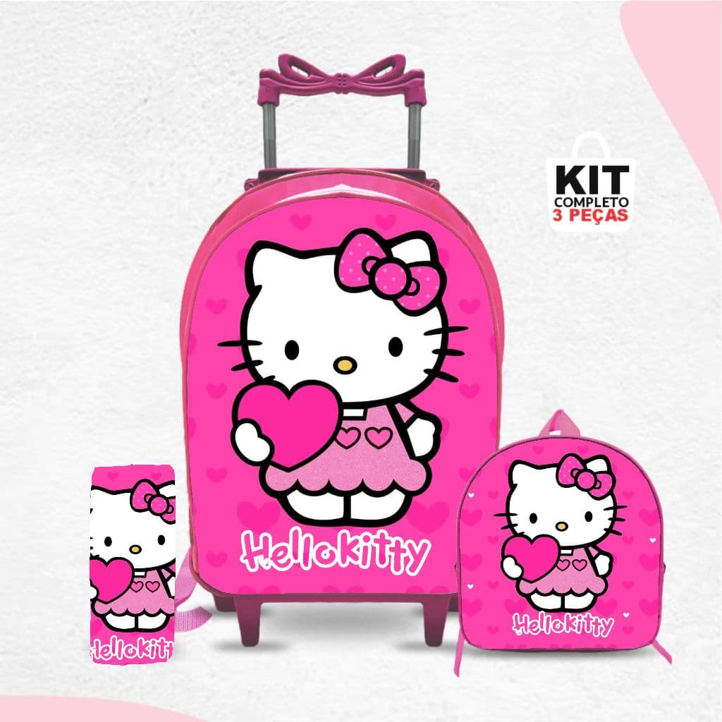 Kit mochila escolar Hello Kitty com lancheira e Estojo -Carrinho com Rodinhas - Menina - Feminino