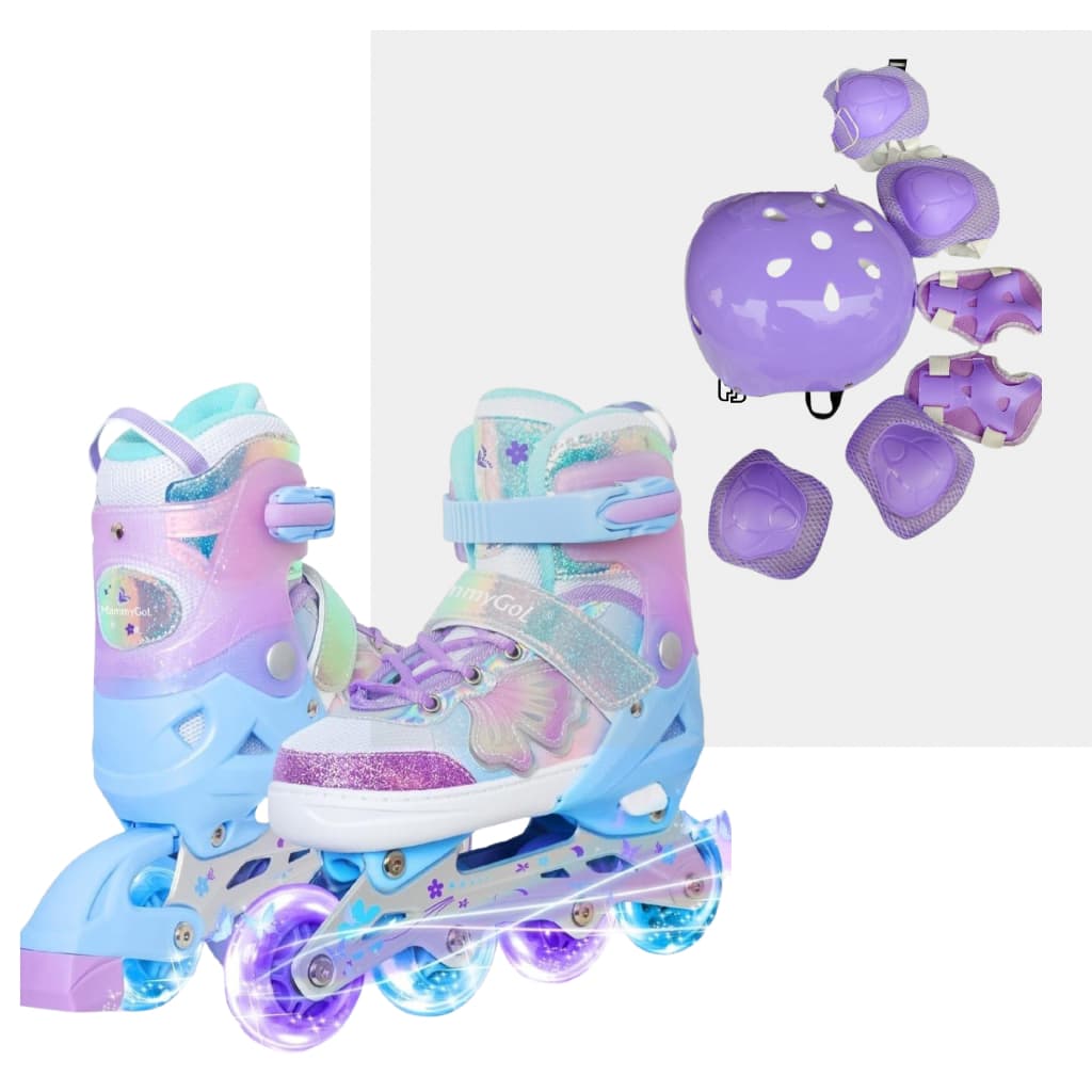 Patins infantil inline Roller rodinhas de led + kit proteção incluso borboletas