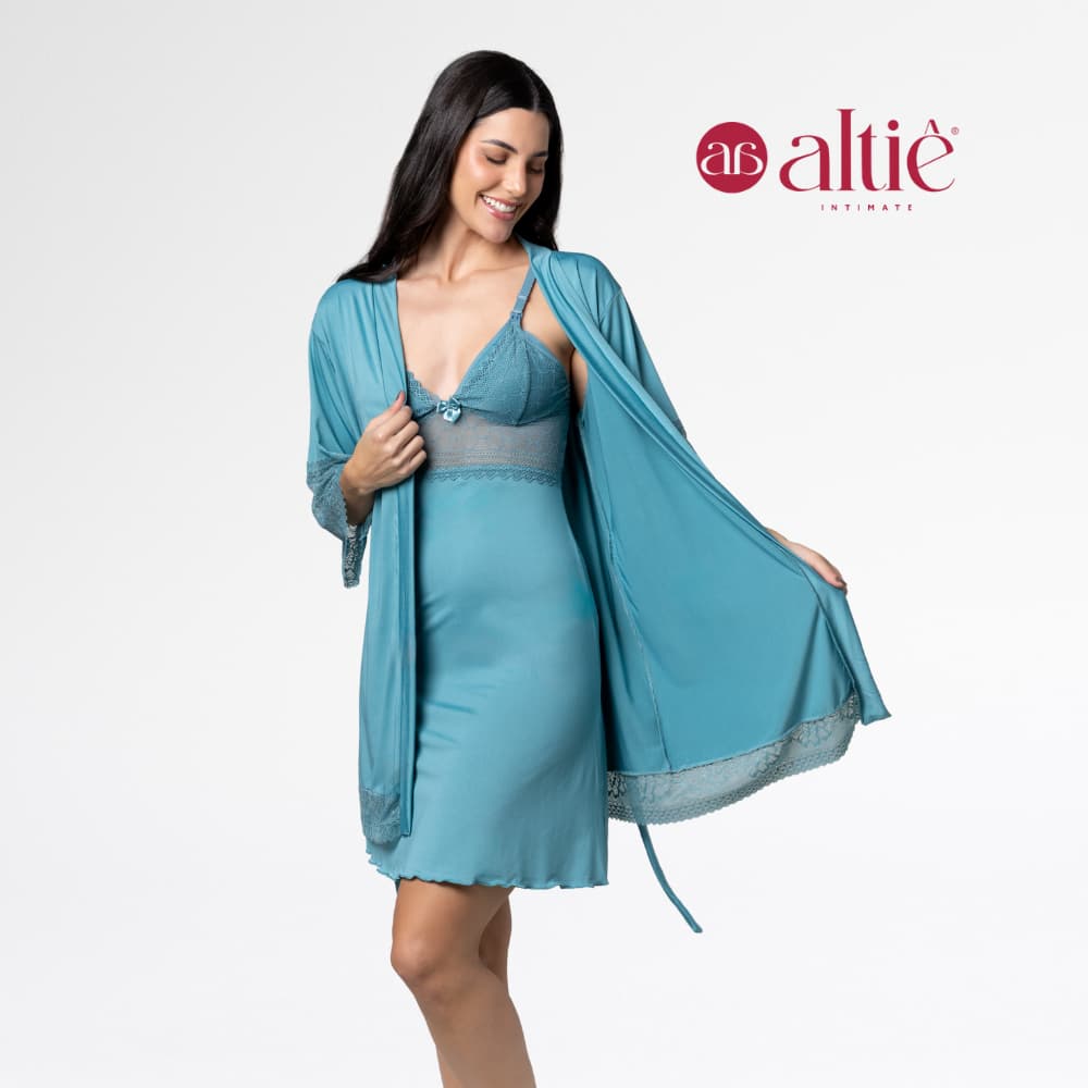 Kit Robe e Camisola Amamentação Curta Maternidade Pós-Parto Luxo