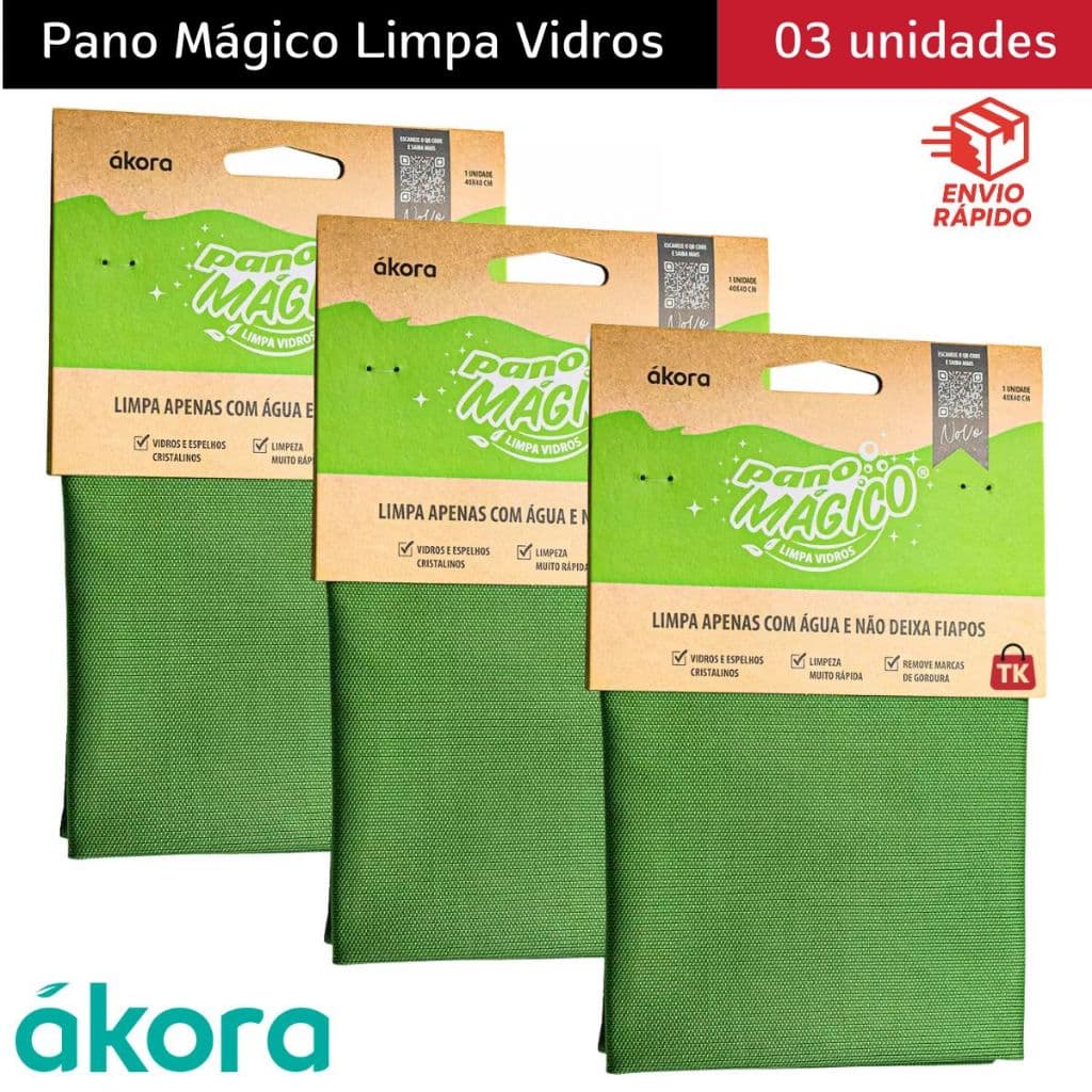 Kit 3 Panos Mágico Limpa Vidros e Espelhos Ákora 40x40cm