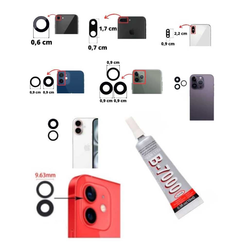 Lente Da Câmera iPhone 7, 7 Plus, 8, 8 Plus, X, XS, XS Max, 11, 11 Pro, 11 Pro Max, 12, 12 Pro, 12 pro Max, 13,14,15,16