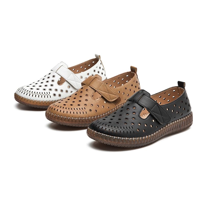 Meijile Sapatos Femininos de Couro com Furos para Conforto e Estilo Casual em Branco, Preto e Marrom224