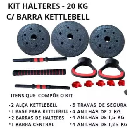 Kit Treino Funcional 20kg Halteres Barra Supino Kettlebell Preto
