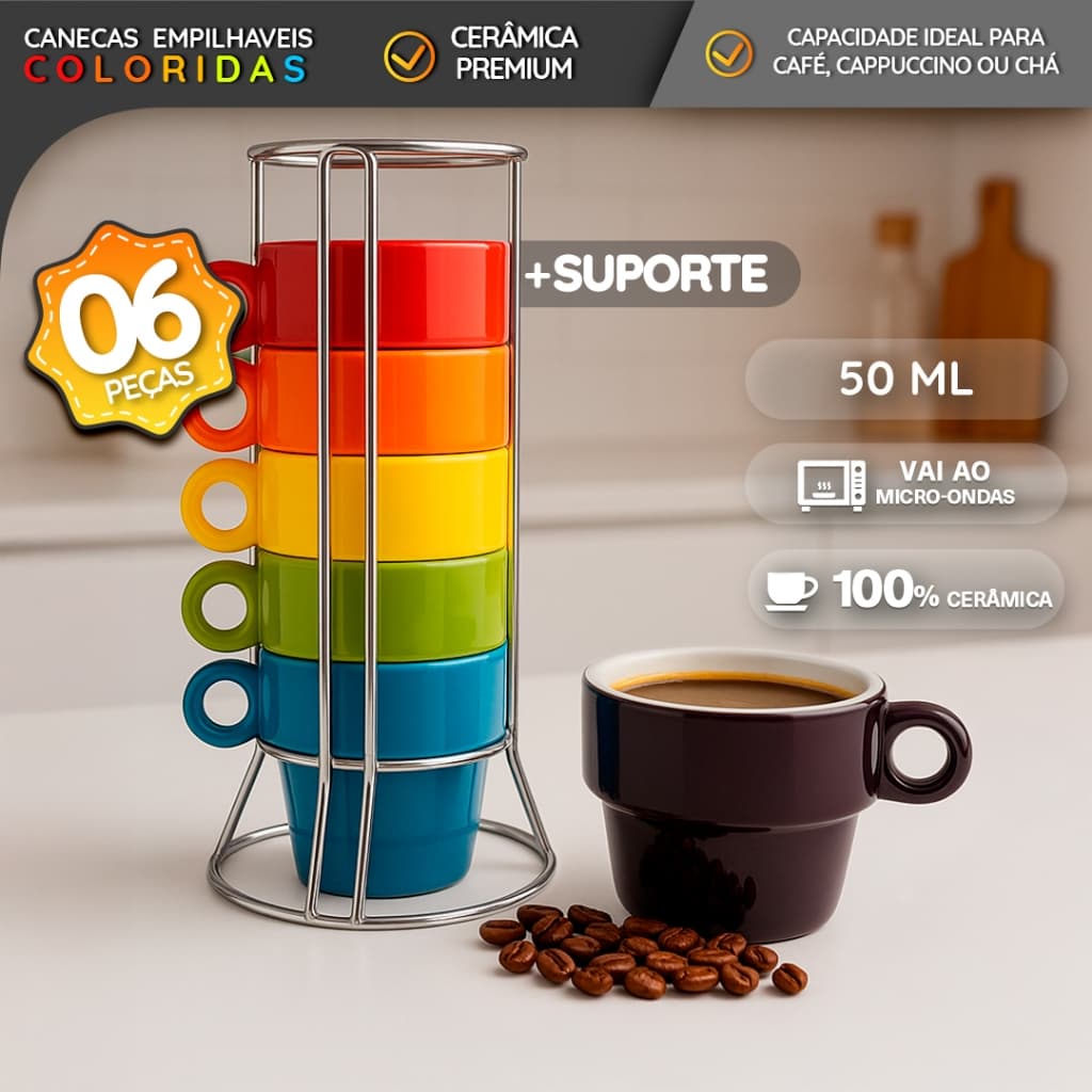 Kit 6 Xícaras 50ml Coloridas Empilháveis com Suporte Metálico Cerâmica Arco-Íris
