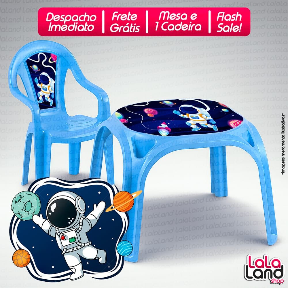 Kit Mesa Mesinha e Cadeira Poltrona Elevatória Infantil Decorada Brinquedo Didático Escolar Astronauta Carros Disney