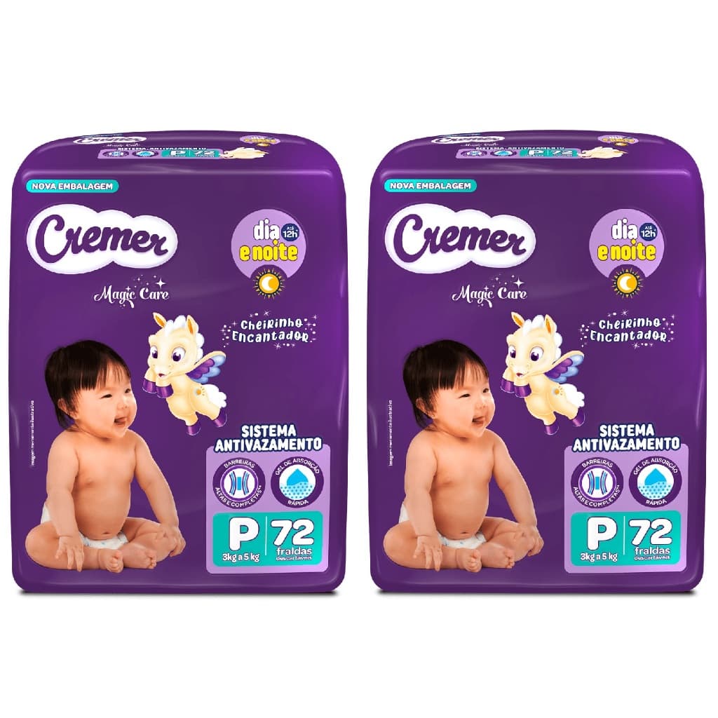 Kit 2ptes Fraldas Cremer Hiper P 72un cada  - Total 144unidades