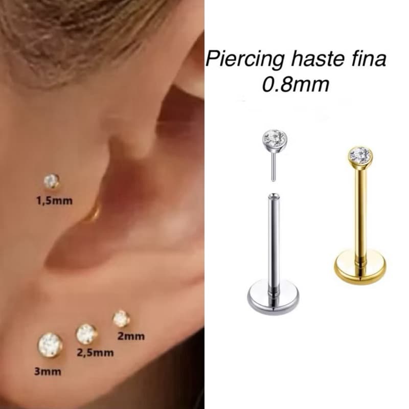 Piercing Labret ponto de luz Australiano aço cirúrgico 316L Haste Fina Push In plug - 1 peça