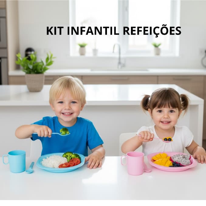 Kit Infantil escolar: Prato, Colher e Copo - Azul e Rosa - Lanches e Refeições