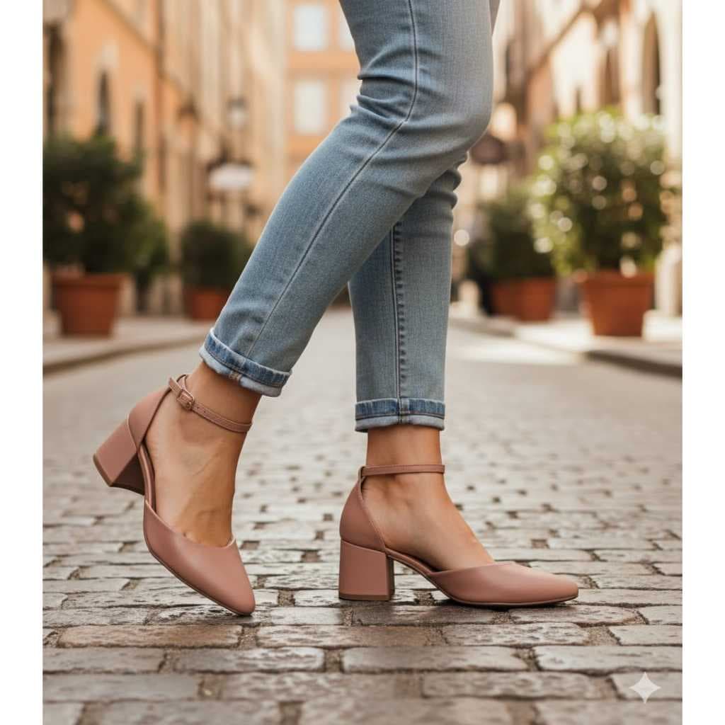 Scarpin Feminino Bico Fino Salto Bloco Saia e Blusa Promoção