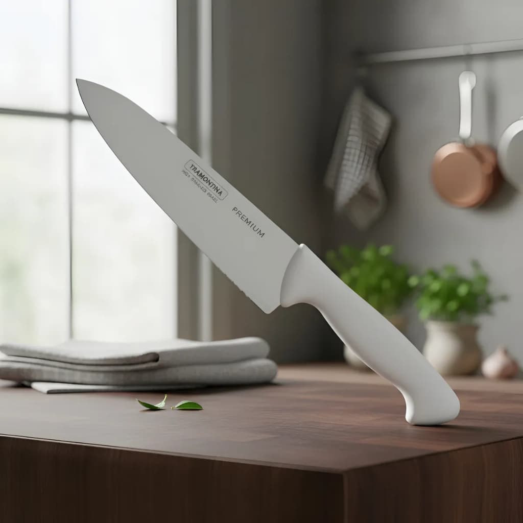 Faca Chef Tramontina Premium Lâmina Aço Inox Cabo Polipropileno Branco 8"