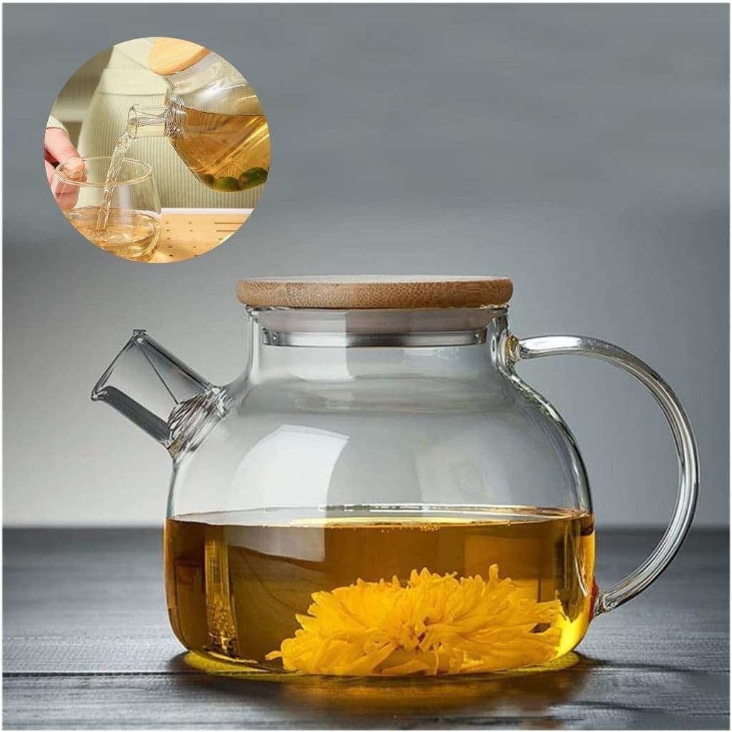 Chaleira Bule de Vidro Borossilicato 1L com Tampa de Bambu e Coador Infusor de Inox