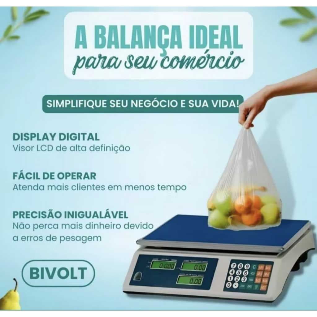 Balança Digital 40kg Bivolt 110/220V eletrônica recarregável para: comércio, Hortifruti, cozinha, açougue pesagem alimen