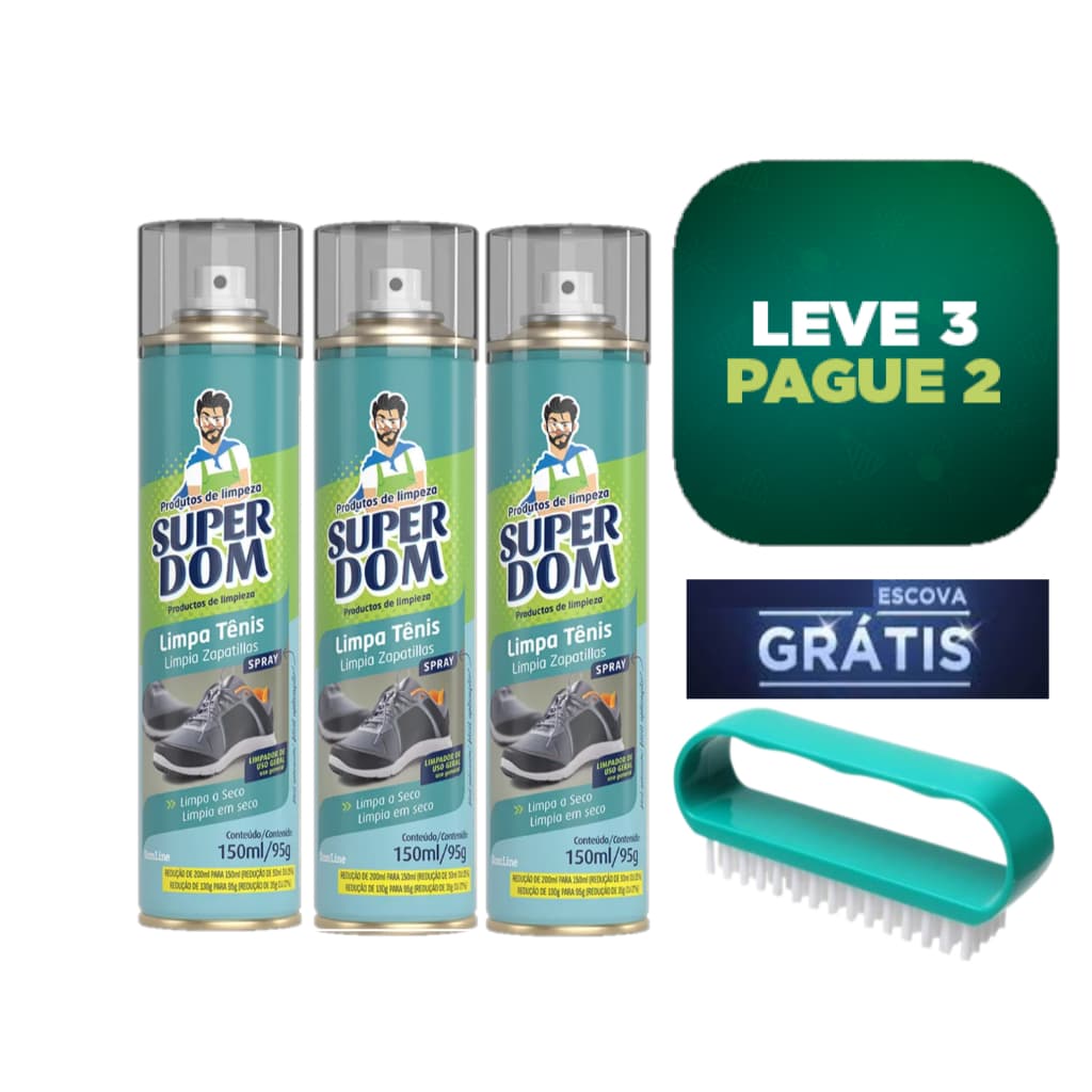 Limpa Tenis a Seco Espuma Clareadora Super Dom150ml + Escova Limpeza Grátis