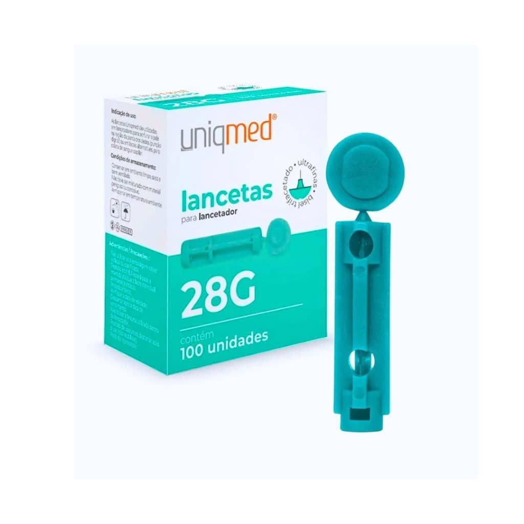 LANCETA 28G PARA LANCETADOR CANETA LANCETADORA UNIQMED CAIXA COM 100 LANCETAS PUNÇÃO NO DEDO COLETA DE AMOSTRA