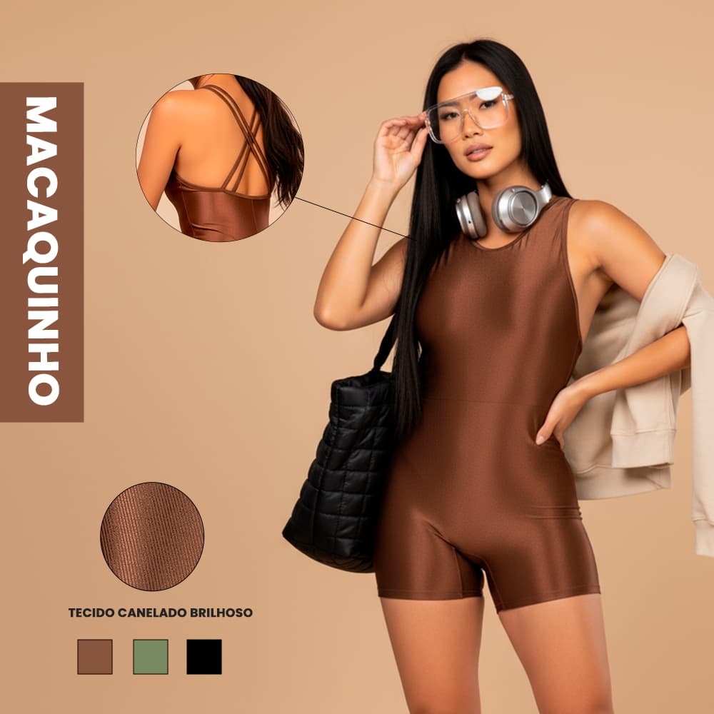 Macaquinho Fitness Brilhoso Trilobal Canelado Feminino – Conforto e Estilo para Corrida Academia e Treino