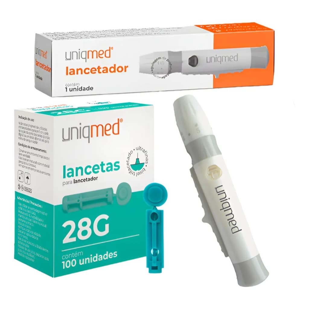 KIT LANCETADOR + 100 LANCETAS UNIVERSAL UNIQMED PUNÇÃO MEDIR GLICOSE