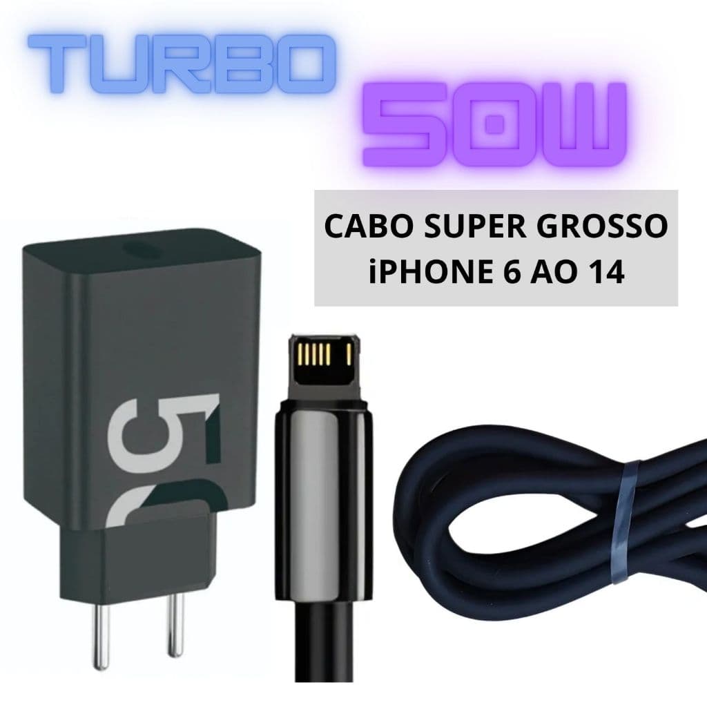 Carregador 50w Fonte Turbo + Cabo Super Grosso P/iPhone X Xr 11 12 13 14