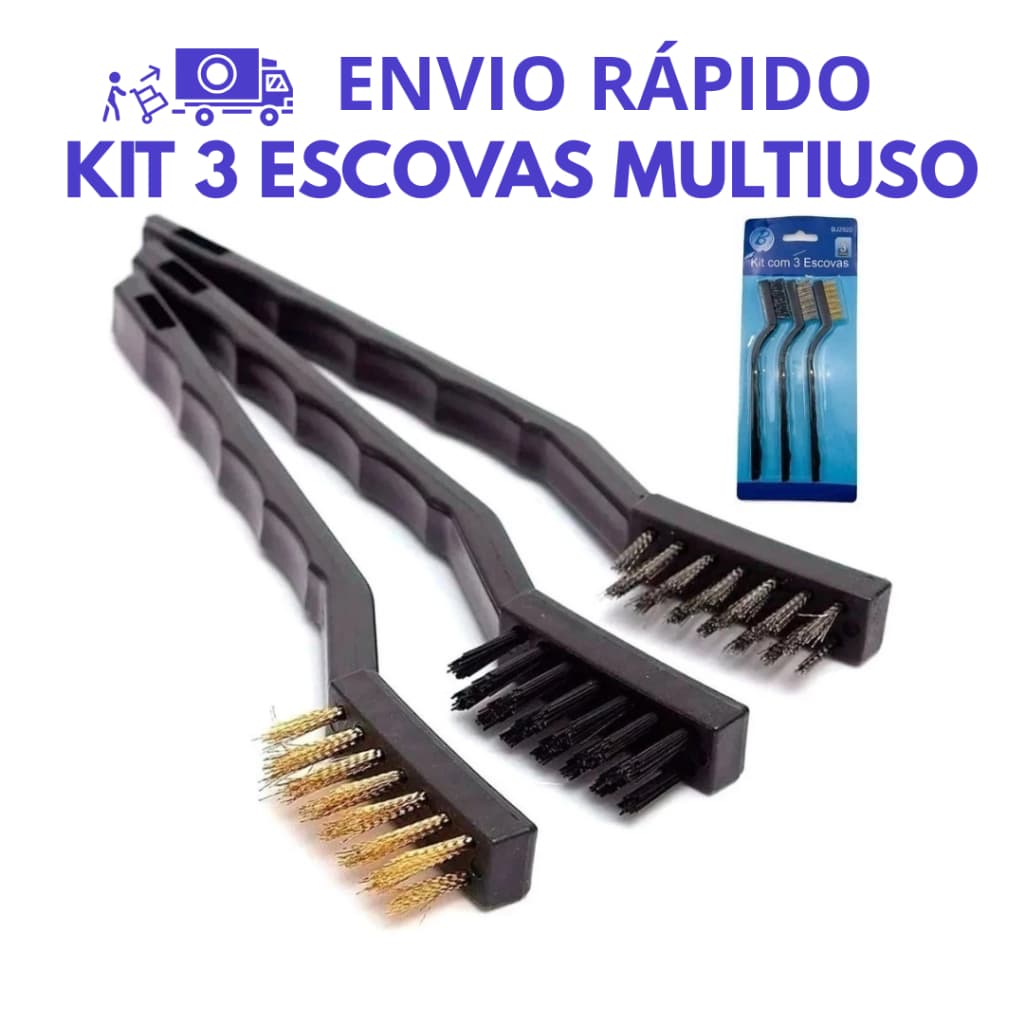 Kit 3 Escovas 3 em 1 Para Limpeza Pesada de Fogão Churraqueira Multiuso Aço Nylon Latão