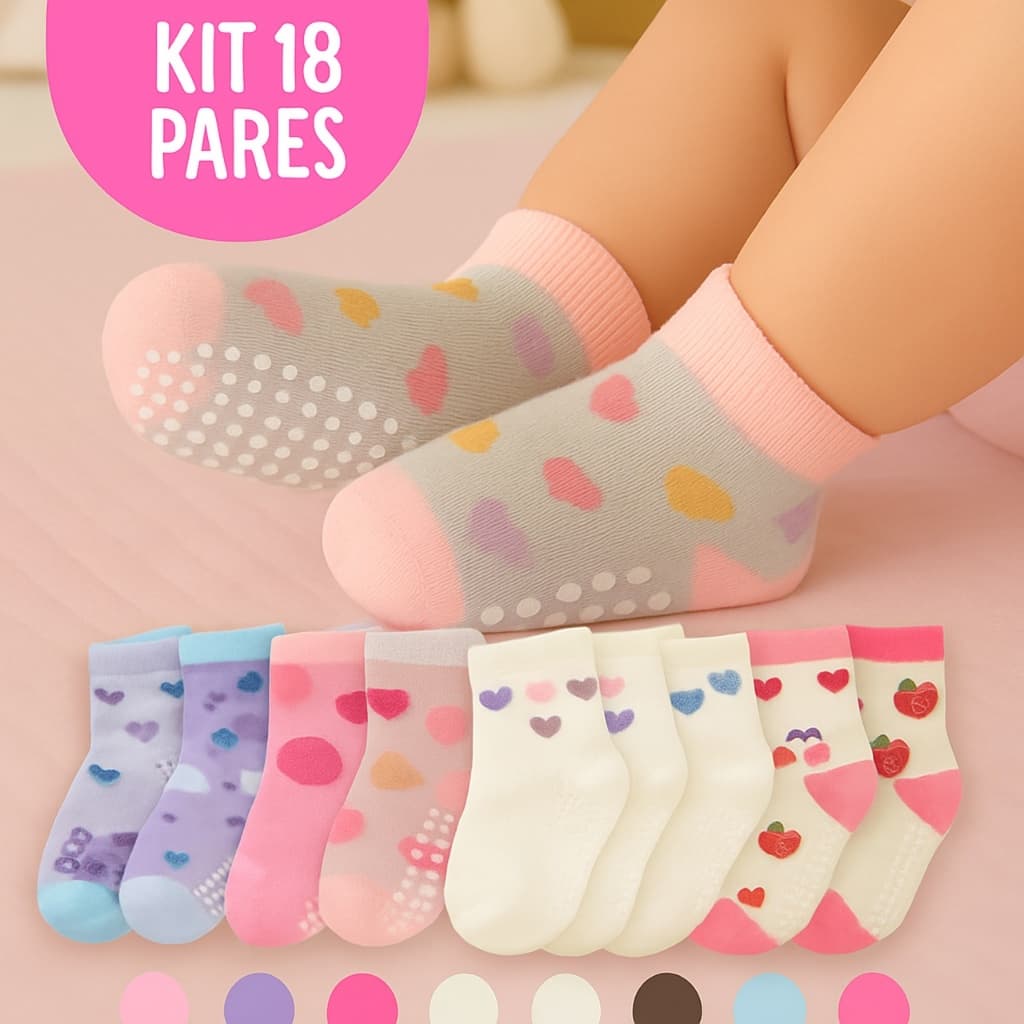 Kit até 18 Pares Meias Bebê Menina Antiderrapantes Algodão Confortáveis 0–24 Meses Recém Nascido