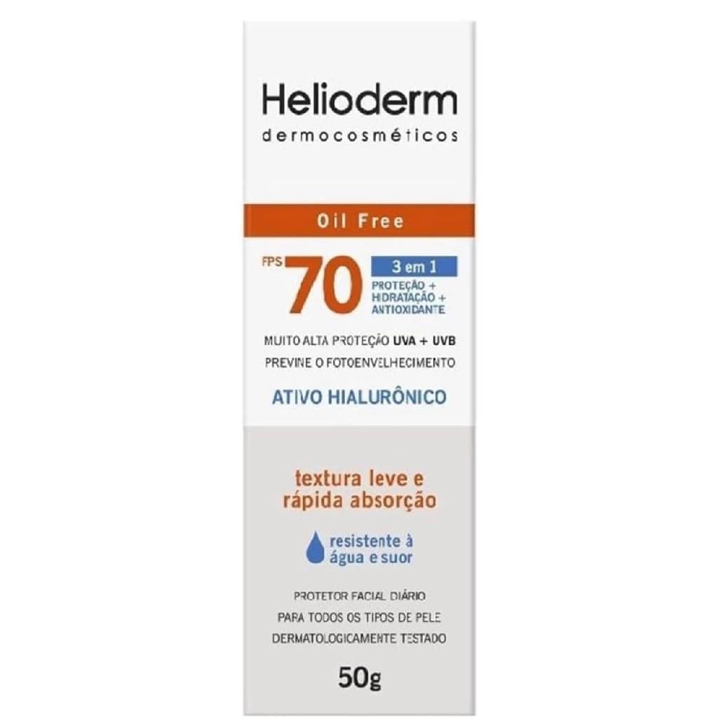 Protetor Solar Facial Helioderm Oil Free 3 em 1 FPS 70 Sem Cor 50g