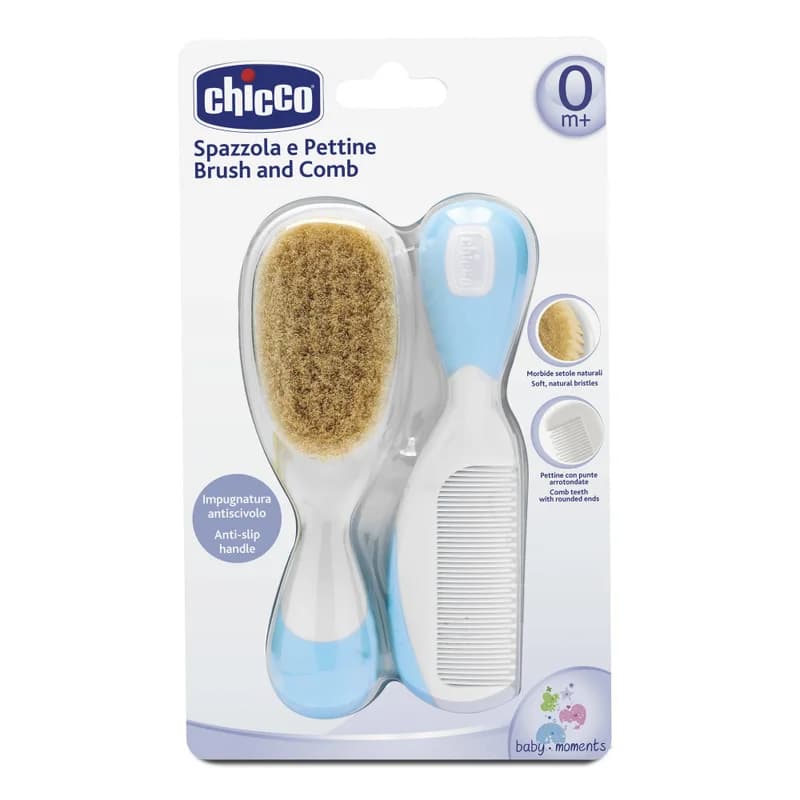 Kit Pente E Escova Natural Para Bebê +0 Meses Chicco - Azul
