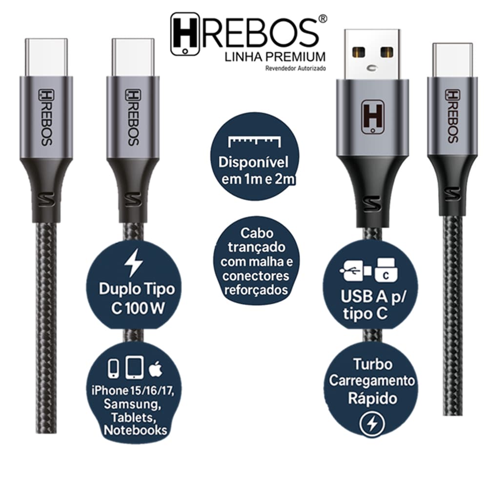 Cabo Tipo C | 100w | Trançado | USB A Celular Notebook Tablet Compatível Samsung Iphone 15 16 1m 2m