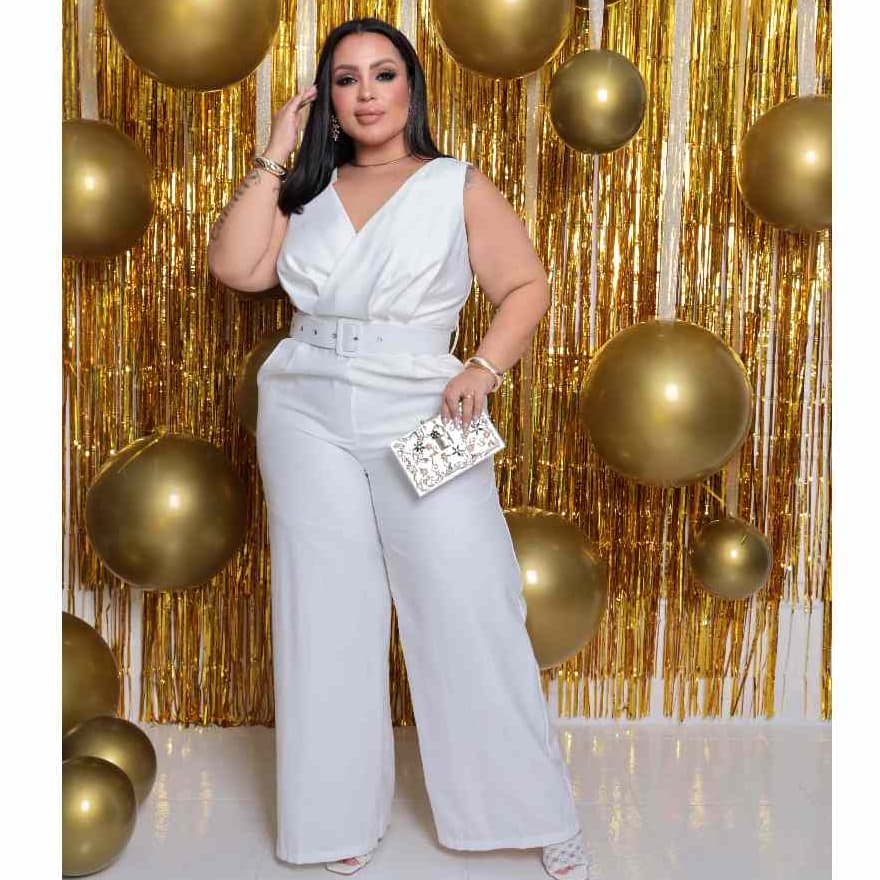 Macacão plus zise social com cinto forrado