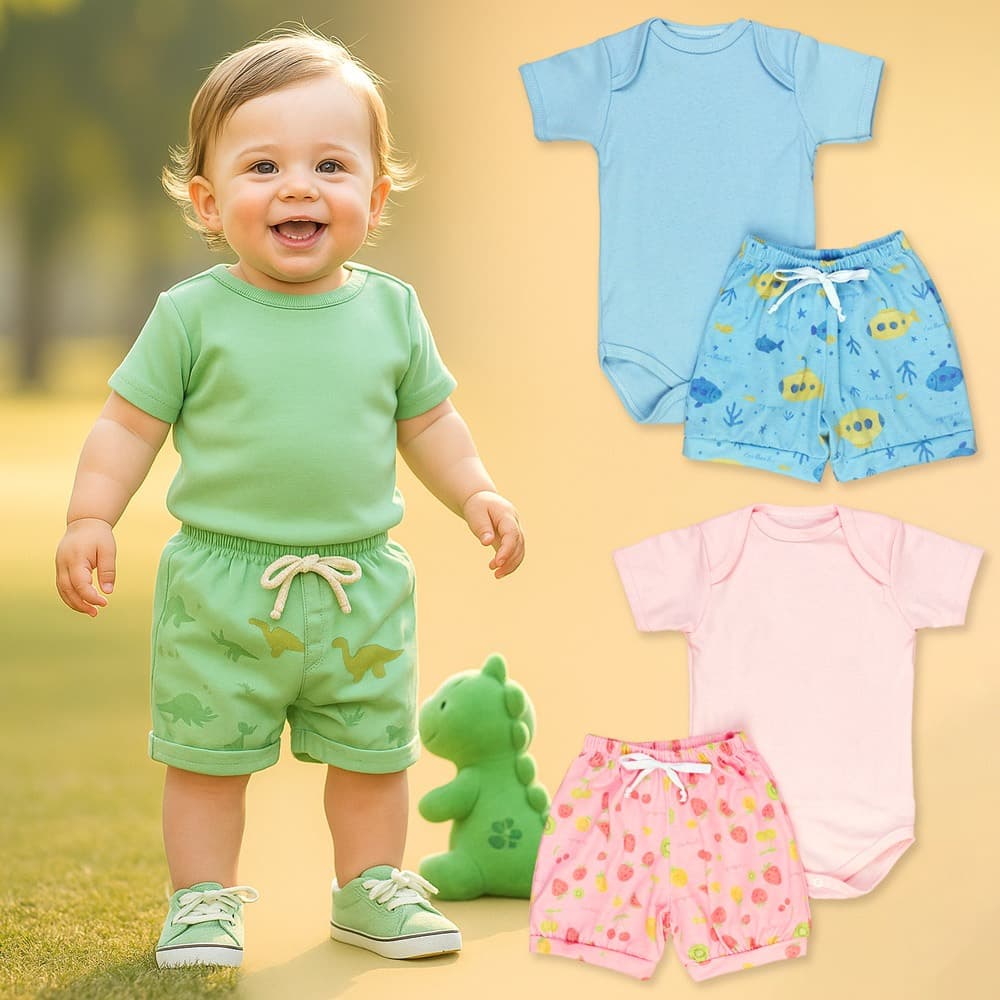 Conjunto de Calor para Bebê Body Manga Curta + Shorts Estampado Look Fresquinho - Até 12 Meses