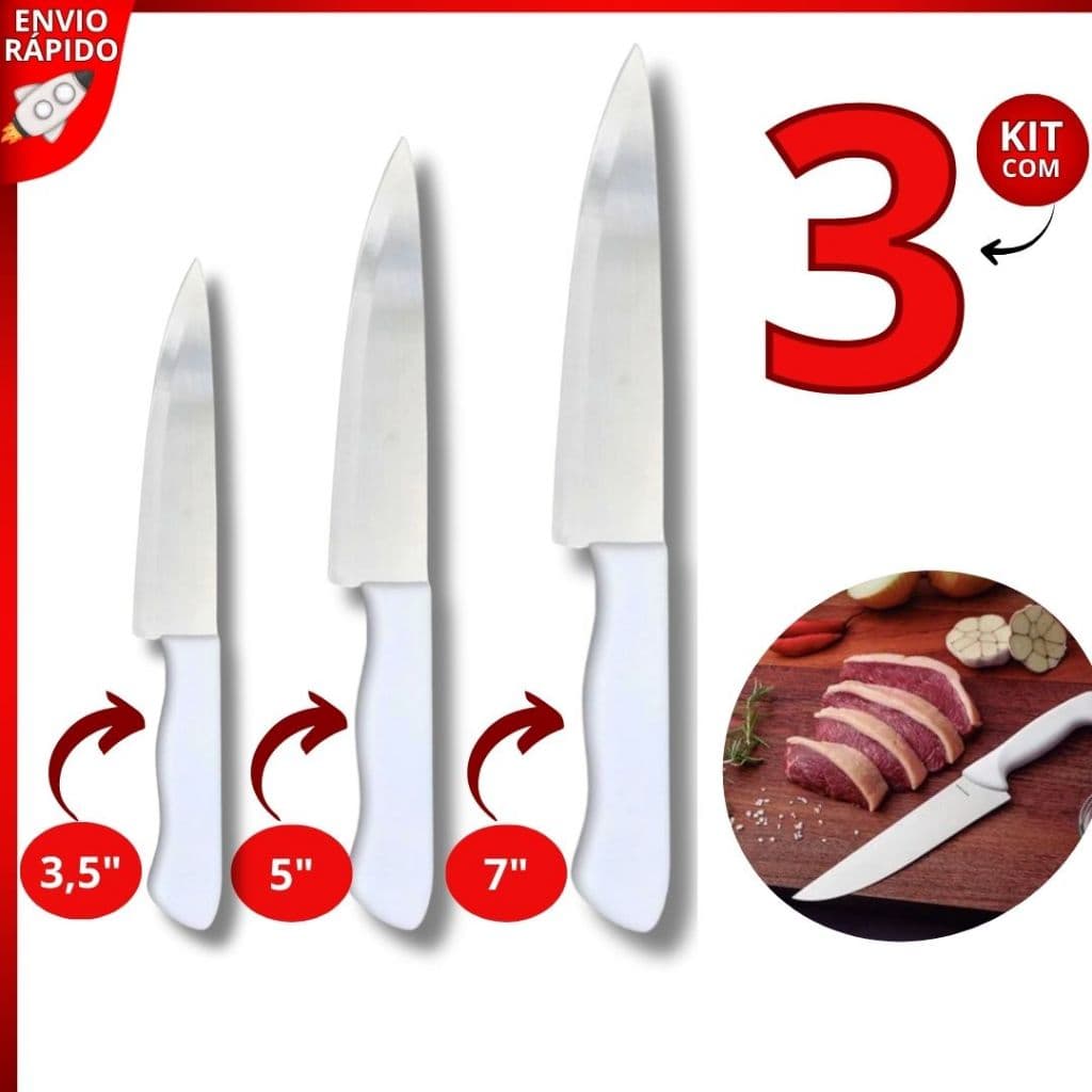 Kit 3 Faca Peixeira Cabo Branco 3,5" 5" 7" Aço Inox Corte Preciso para Cozinha Profissional Natal