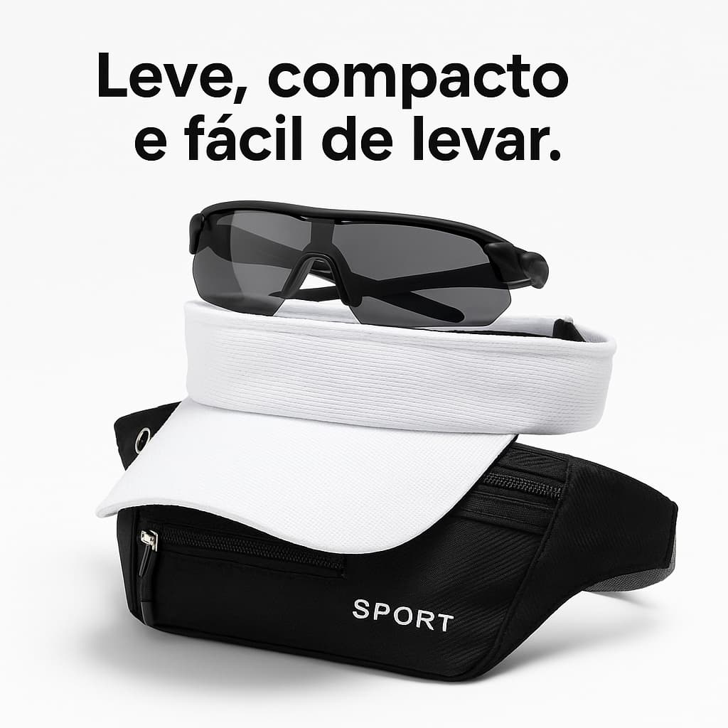 Viseira Ajustável Lisa Esporte Corrida + Pochete Impermeável + Oculos de Ciclismo Corrida Praia Verão