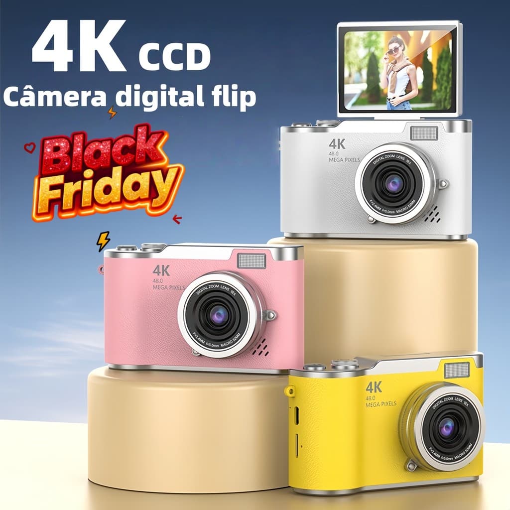 Câmera CCD 4K, zoom óptico de 8x, ideal para estudantes, compacta e portátil, 48MP, tela giratória de 180°