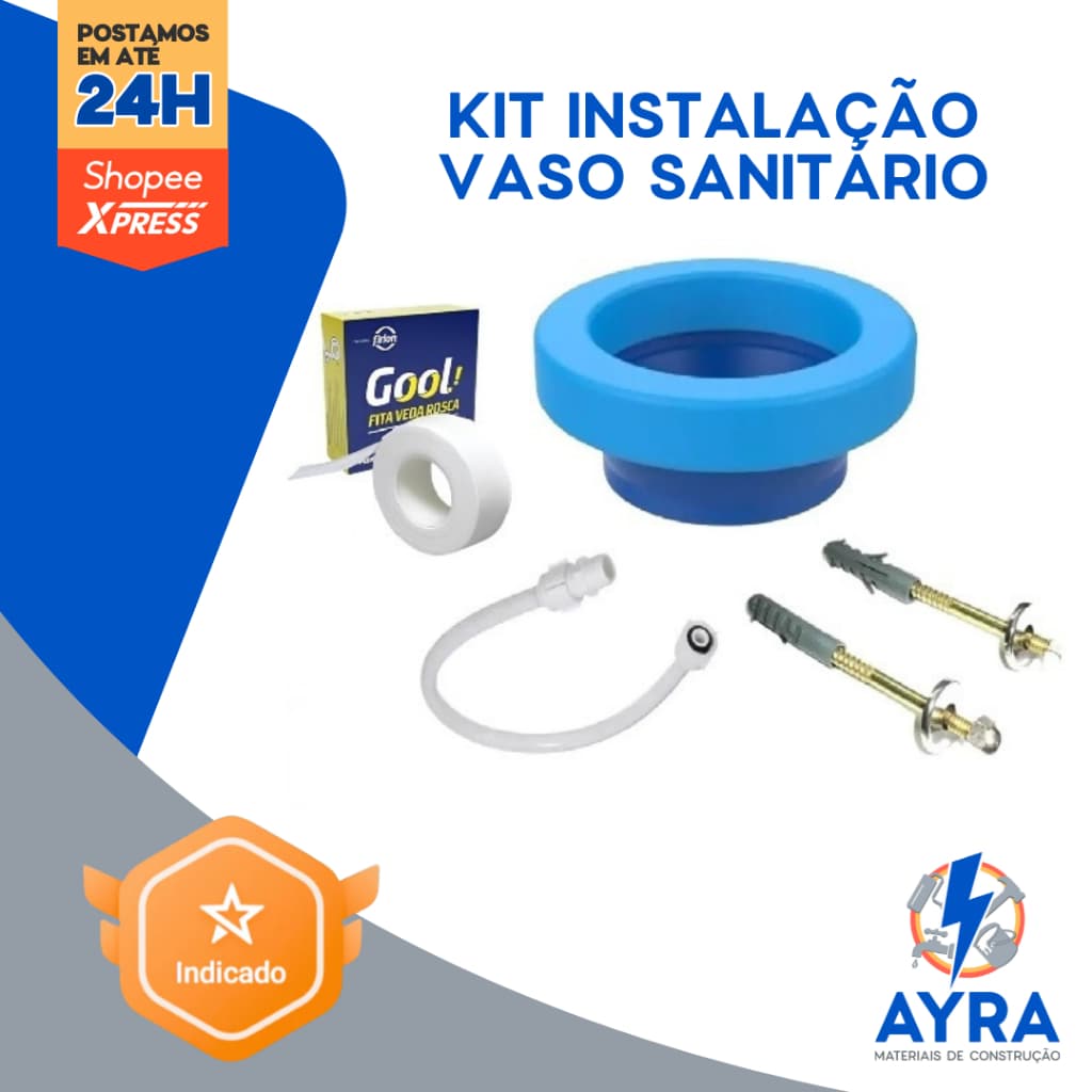 KIT INSTALAÇÃO DE VASO SANITARIO (ANEL DE VEDAÇÃO COM GUIA + PARAFUSO PARA VASO SANITÁRIO + RABICHO + VEDA ROSCA)