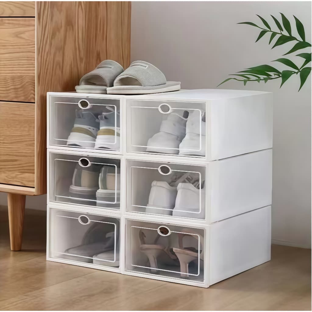 Kit 6/10/12/24 Caixas Organizadoras de Sapatos Empilháveis com Porta Frontal Flip - Preto/Branco