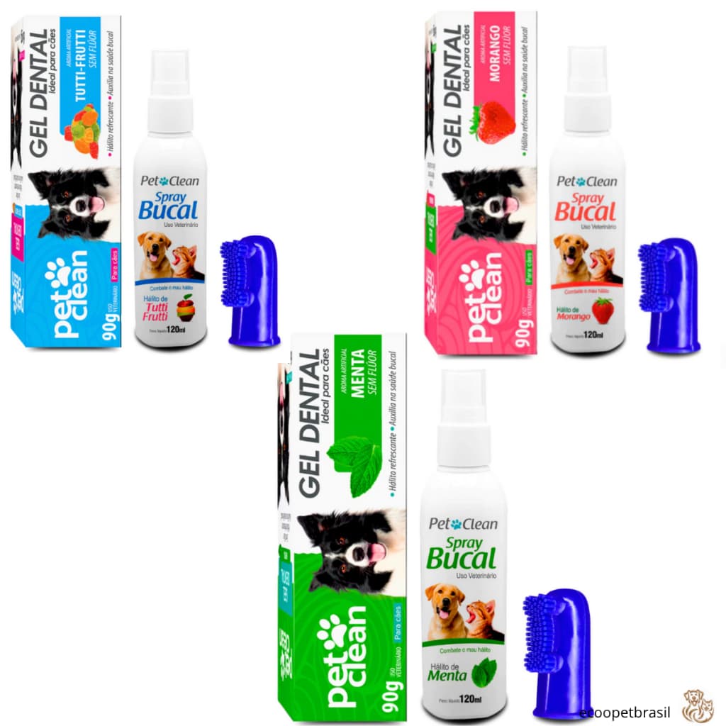 Kit Higiene Gel Pasta Dental 90g + Spray Bucal 120ml + Escova Dente Dedeira Cães e Gatos Pet Clean