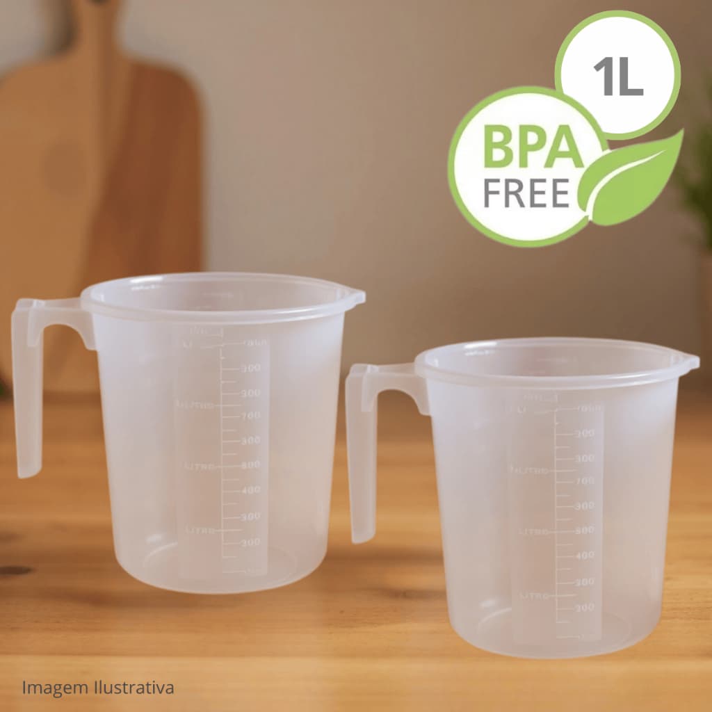 Kit 2 Jarra Plástica Graduada Medidora 1 Litro Atacado – Dosadora Transparente para Cozinha Receitas