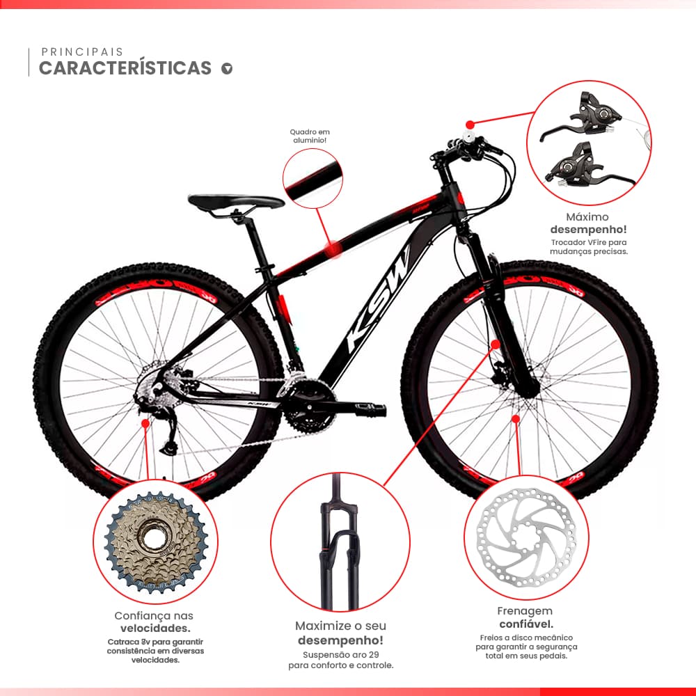 Bicicleta Aro 29 Ksw XLT Alumínio 24v V-Fire Freios a Disco Com Suspensao MTB