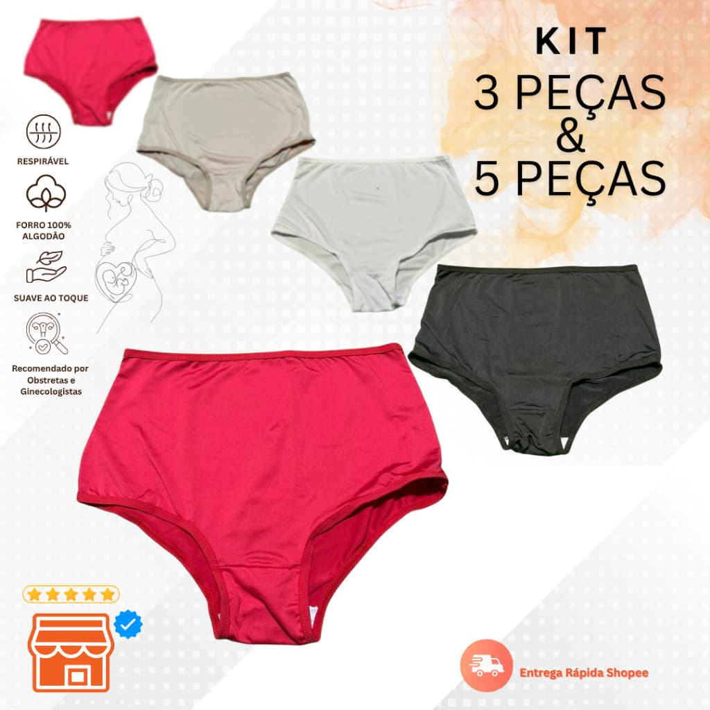 Calcinhas Gestante  e Pós Parto Cintura Alta Hot Pant Conforto Kit 3 e 5 ou unidade -  Dualis