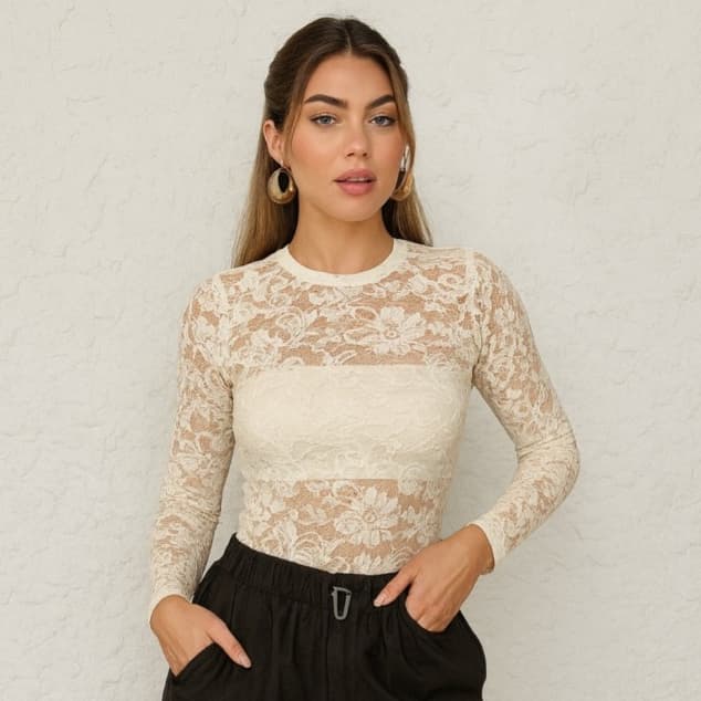 Body Feminino Manga Longa De Renda Floral Feminino Lançamento