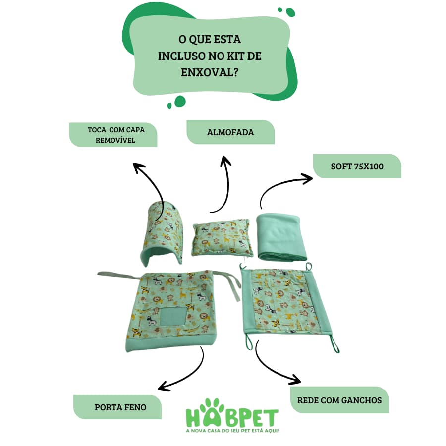 Enxoval para cercado de porquinho da inicia com 5 peças. Toca, rede, porta feno almofada e Soft
