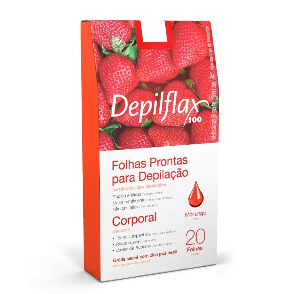 Folhas Prontas de Cera Depilatória Corporal 20 unidades Morango Depilflax