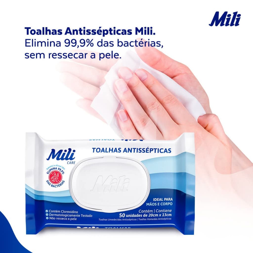 Kit C/150, 300 ou 600 Lenços Toalhas Mili Antissépticas Elimina 99,9% Das Bactérias