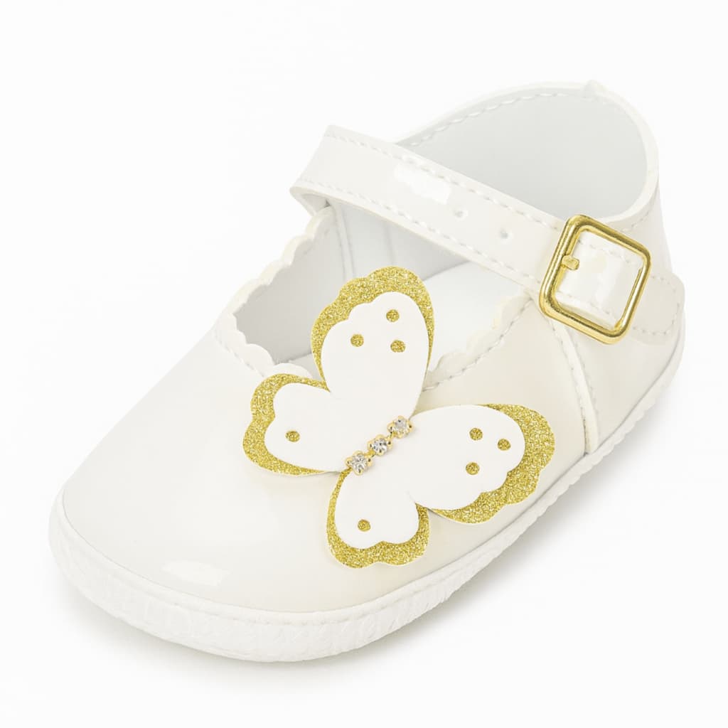 Sapatilha Branca Bebê Menina Sapatinho Batizado Borboleta Cerimônia Luxo Strass