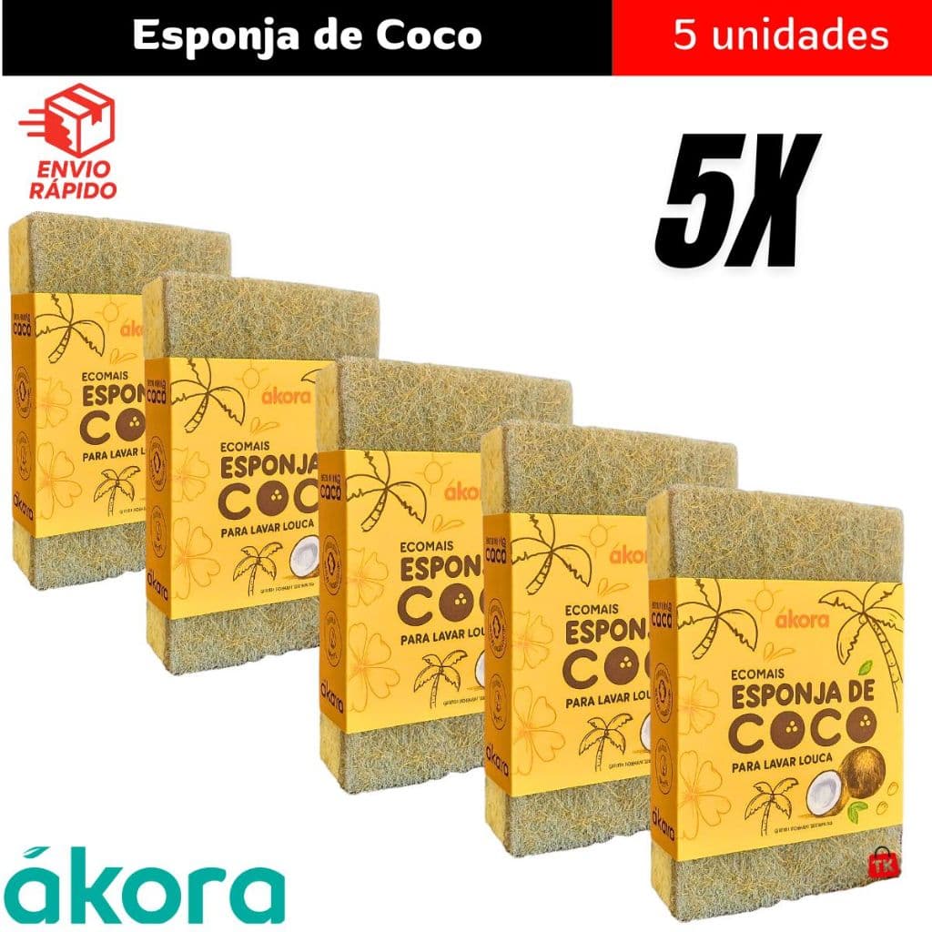 Kit 5 Esponjas de Coco para Louças - Antibacteriana, Durável e Biodegradável - Ecomais Ákora