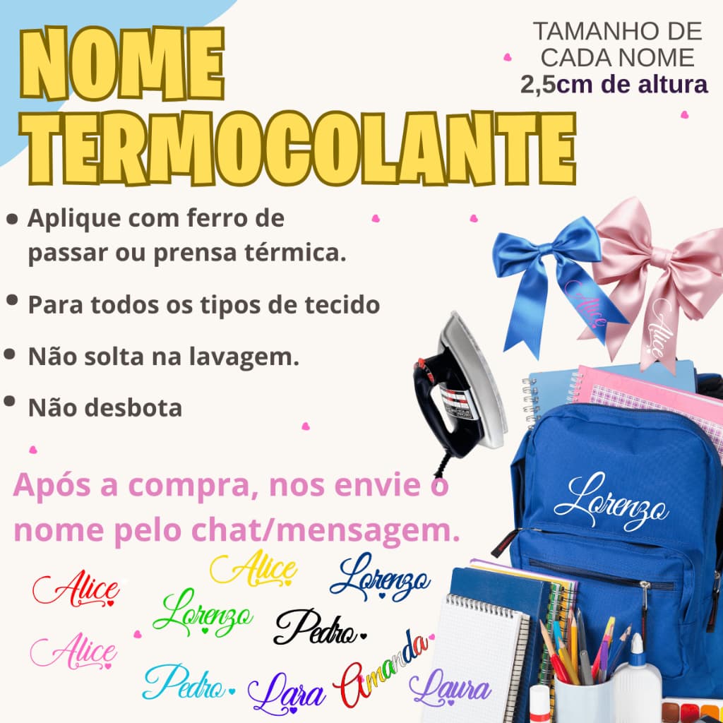 Kit 10 Nomes Aplique Termocolante Adesivo Para Laços, Fitas, Patch Todo Tipo de Tecido Dtf Textil