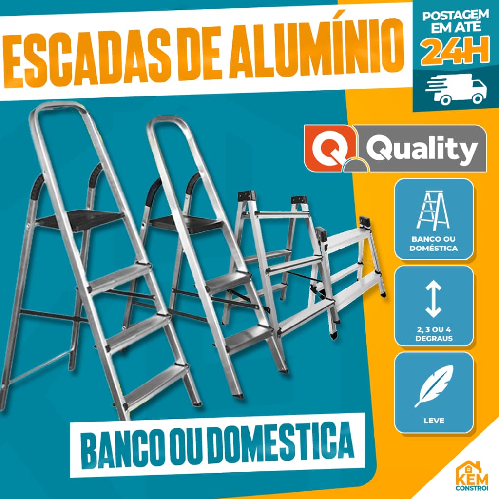 Escada de Alumínio Quality Banco ou Doméstica 2, 3 ou 4 Degraus Escada Leve que Não Enferruja