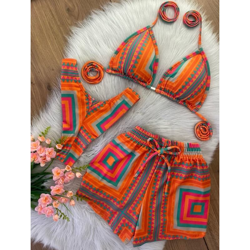 Biquini Conjunto Trikini 3 Peças Short Praia Moda Tendência saída feminina lançamento
