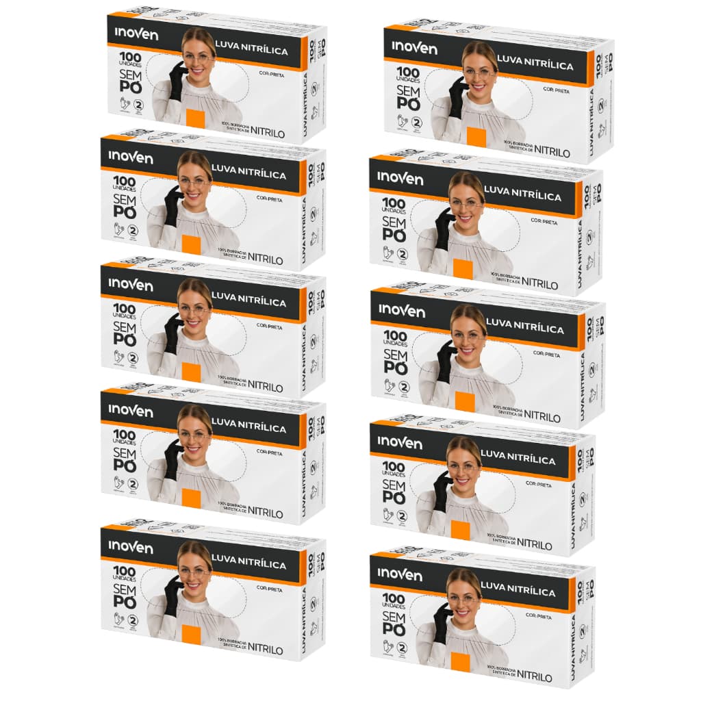 Kit 10 Luva Nitrilica Preta Sem Pó Descartável (500 ou 1000 Unidades) Uso Doméstico